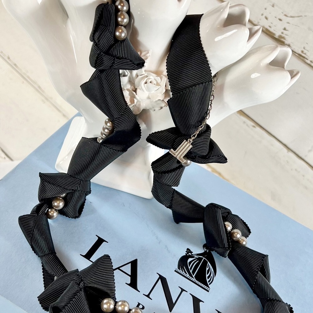 Lanvin Couture Black Silk Ribbon Beaded Long Necklace - Picture 2 of 6